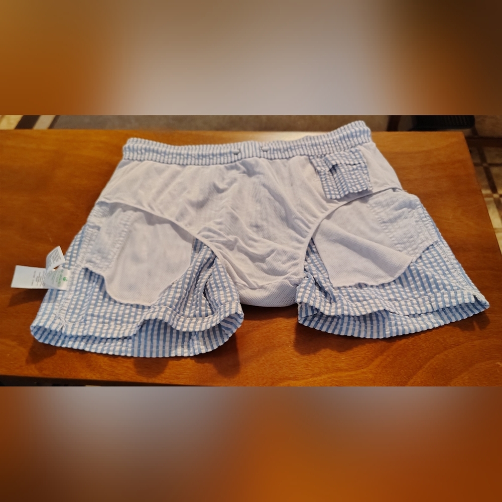 J Crew Swim Trunks Mens Medium Blue White Seersucker Lined 6" Shorts Surf Flex - Picture 8 of 12